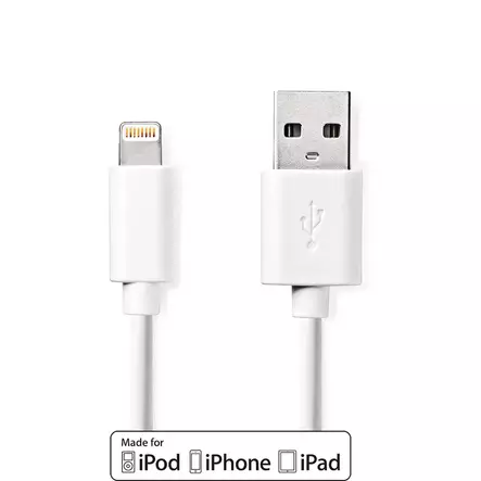 Lightning Kabel | USB 2.0 | Apple Lightning, 8-stifts | USB-A Hane | 480 Mbps | Nickelplaterad | 1.00 m | Rund | PVC | Vit | Label - Nedis produkter - 5412810421015 - 1
