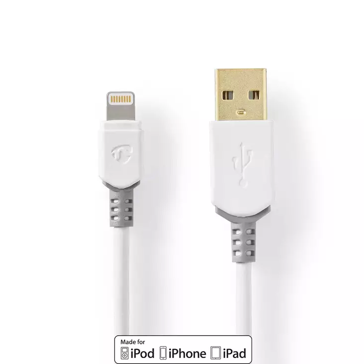 Lightning Kabel | USB 2.0 | Apple Lightning, 8-stifts | USB-A Hane | 480 Mbps | Guldplaterad | 2.00 m | Rund | PVC | Grå / Vit | Låda - Blixtkablar - 5412810264315 - 1