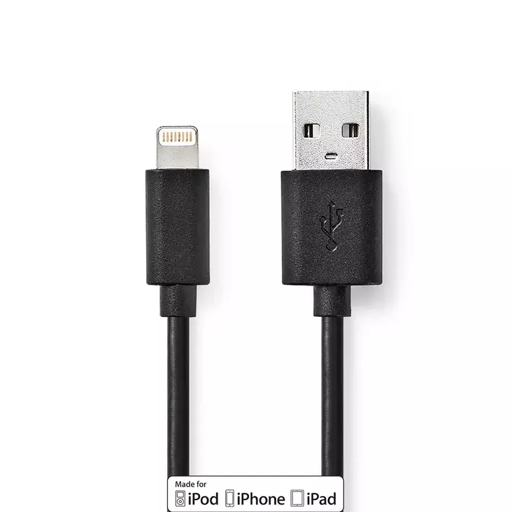 Lightning Kabel | USB 2.0 | Apple Lightning, 8-stifts | USB-A Hane | 480 Mbps | Nickelplaterad | 1.00 m | Rund | PVC | Svart | Låda - Blixtkablar - 5412810288755 - 1