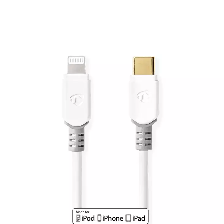 Lightning Kabel | USB 2.0 | Apple Lightning, 8-stifts | USB-C Hane | 480 Mbps | Guldplaterad | 1.00 m | Rund | PVC | Vit | Låda - Blixtkablar - 5412810312955 - 1