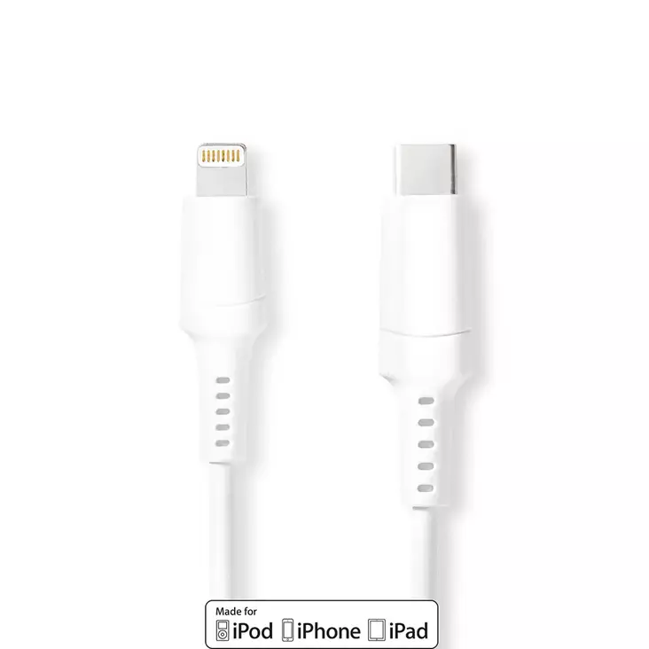 Lightning Kabel | USB 2.0 | Apple Lightning, 8-stifts | USB-C Hane | 480 Mbps | Nickelplaterad | 1.00 m | Rund | PVC | Vit | Låda - USB-kablar - 5412810315505 - 1