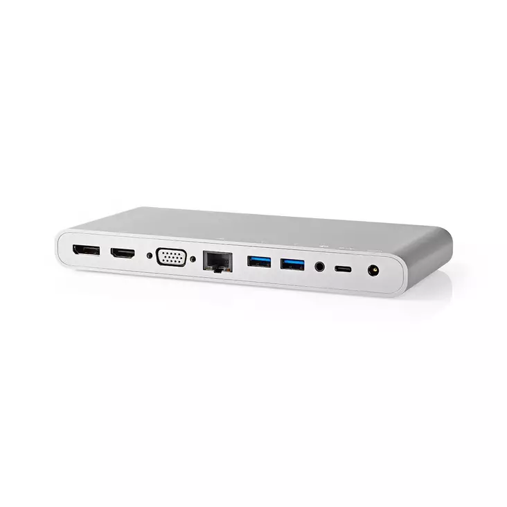 USB Dockningsstation | USB 3.2 Gen 1 | USB-C Hane | DisplayPort Hona / HDMI Utgång / RJ45 Hona / VGA hona 15p / 2x 3.5 mm, Hona / 2x USB-C / 4x USB-A | 0.20 m | Rund | Nickelplaterad | Flätad / Nylon | Vit | Window Box med Euro Lock - Dator och nätverk - 5412810329595 - 1