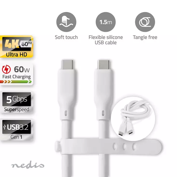 USB-kabel | USB 3.2 Gen 1 | USB-C Hane | USB-C Hane | 60 W | 4K@60Hz | 5 Gbps | Nickelplaterad | 1.50 m | Rund | Silikon | Vit | Låda - Dator och nätverk - 5412810417995 - 1