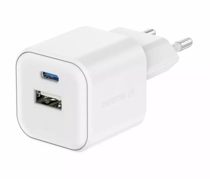 Laddare | 20 W | 1x USB-C / 1x USB-A QC 3.0 | Vit | Swissten - Nätladdare - 8595217484405 - 1