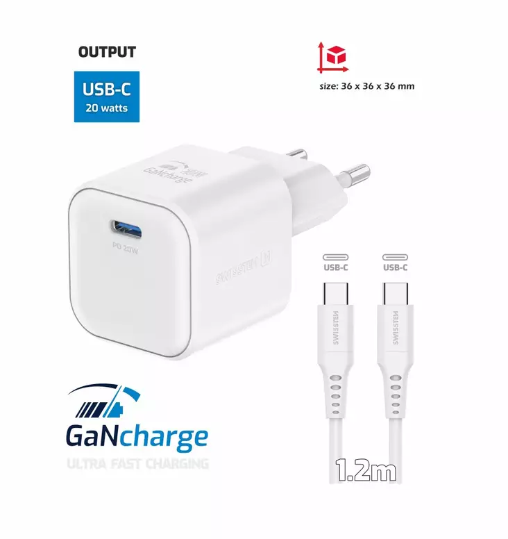 Laddare | 20 W | 1x USB-C / DATA CABLE USB-C/USB-C | Vit | Swissten - Nätladdare - 8595217484375 - 1