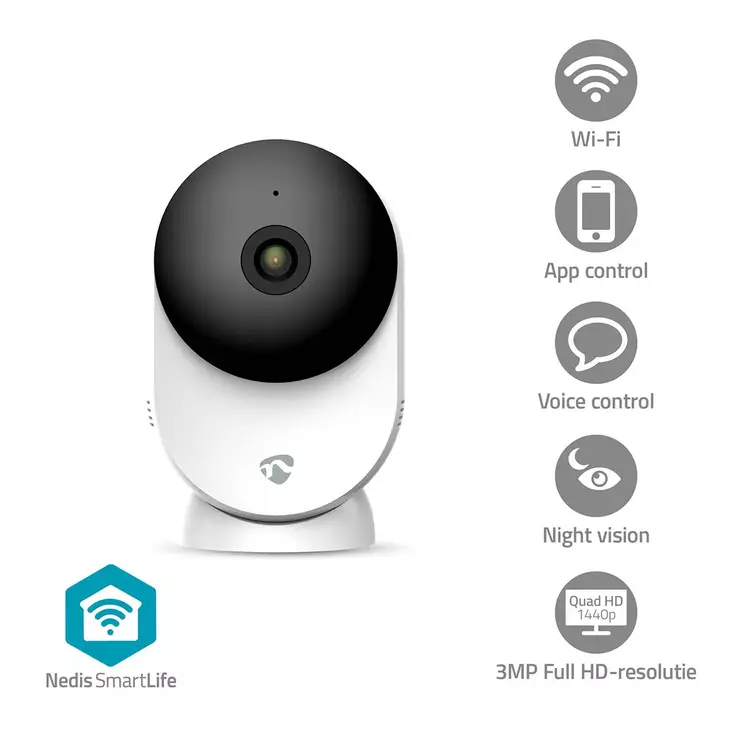 SmartLife Inomhus Kamera | 3MP Full HD 1296p | microSD (ingår inte) / Molnlagring (tillval) / Onvif | Med rörelsesensor | Nattsikt | Vit - Inomhuskameror - 5412810455065 - 1