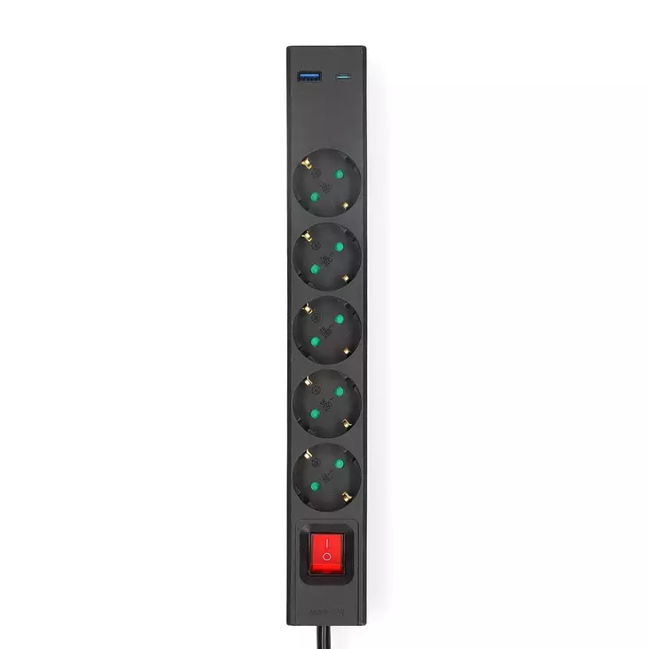 Gren kontakt | Jordad kontakt / Typ F (CEE 7/7) | 5-vägs | 1.50 m | 3680 W | 16 A | USB-anslutning | På / av-knapp | Svart - Förlängningskablar - 5412810481675 - 30
