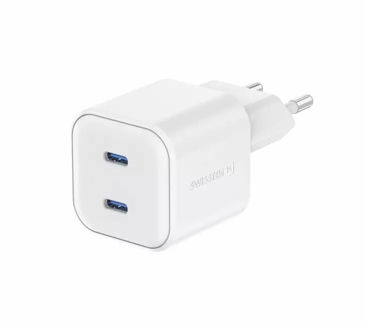 Swissten GaN 2xUSB-C 20W-laddare, vit - Nätladdare - 8595217487185 - 1