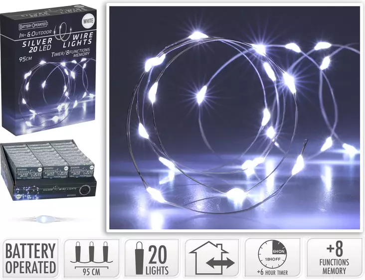 Silvertråd LED-ljusslinga 20 kalla vita mikrolampor, batteridriven med timer och 8 funktioner - Ljusslingor - 8720573662505 - 1