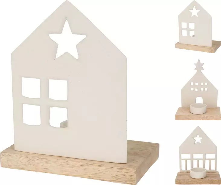 Dekorativ vit husformad värmeljushållare med träbas – varm stämningsbelysning för hemmet - Ljus och lyktor - 8721037071215 - 1