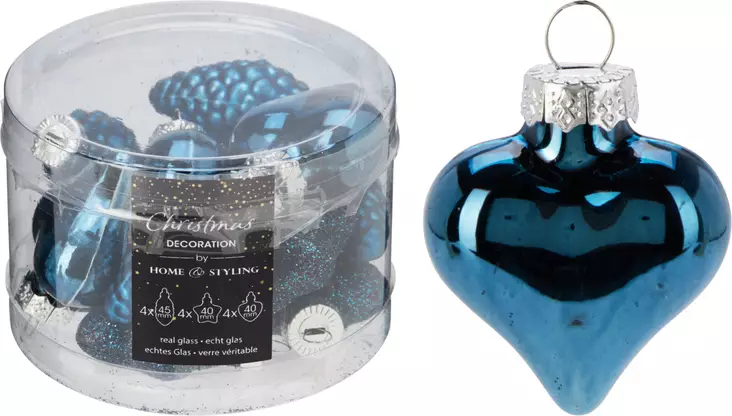 Blå julgransdekorationer i glas 12 st – hjärta, kotte och kula – elegant glansigt dekorationspaket - Juldekorationer och textilier - 8721037533065 - 1
