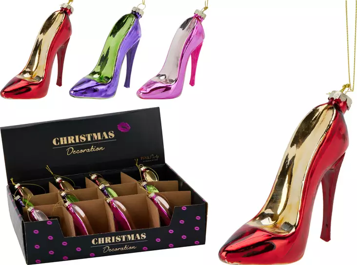 Julgransprydnad högklackad sko 12 cm – elegant glasmodeprydnad med gyllene nyans och glitter - Juldekorationer och textilier - 8721037681735 - 1