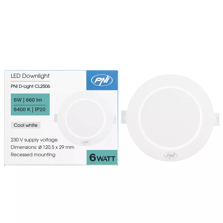 D-Light CL2506 6W PNI LED Spotlight, infälld, rund 120 mm, 6400K, Strömförsörjning 230V, 660 lm, Kallvit - PNI produkter - 5949066543135 - 1