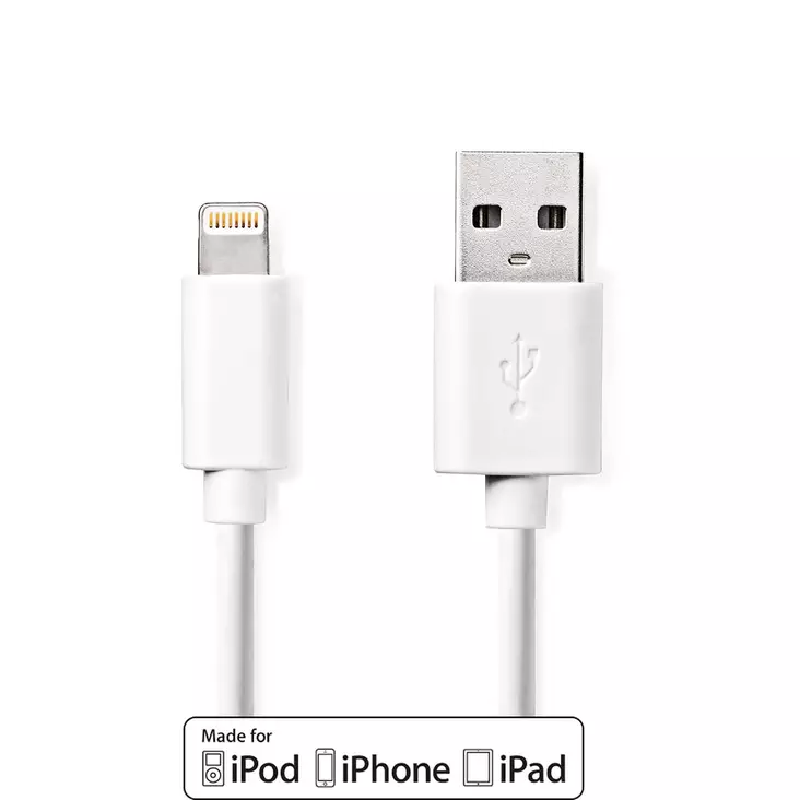 Lightning Kabel | USB 2.0 | Apple Lightning, 8-stifts | USB-A Hane | 480 Mbps | Nickelplaterad | 1.00 m | Rund | PVC | Vit | Label - Nedis produkter - 5412810421015 - 1