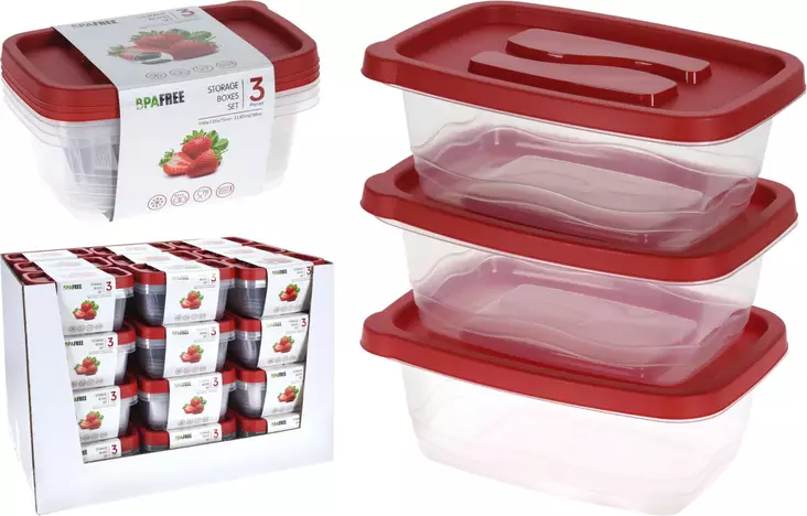 Plastförvaringslåda set 3 st röda lock BPA-fri - Matlådor och matförvaringsbehållare - 8720573140485 - 1