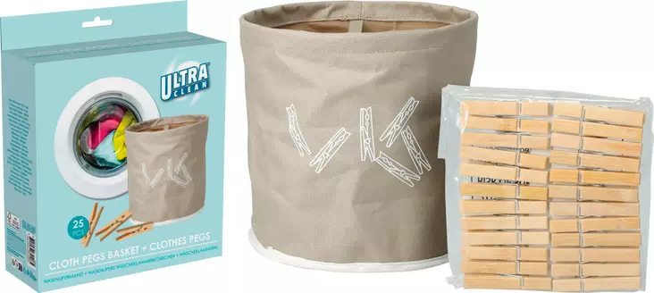 Korg med 24 klädnypor i trä - Torkställningar och tvättkorgar - 8721037841085 - 1