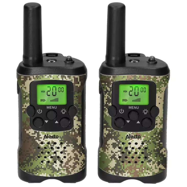 Walkie-Talkie Set | 2 handenheter | Upp till 7 km | Frekvenskanaler: 8 | PTT / VOX | 24 h standby | Headsetutgång | Inbyggd ficklampa | Kamouflage - Walkie-talkies och megafoner - 8712412593675 - 1