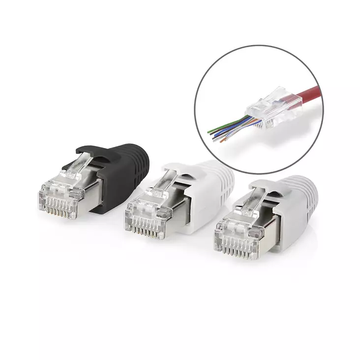 RJ45-kontakt | RJ45 Pass Through | Solid/strängad FTP CAT6a | Rak | Guldplaterad | 10 st. | Polycarbonate | Grå / Svart / Vit | Låda - Dator och nätverk - 5412810336395 - 1