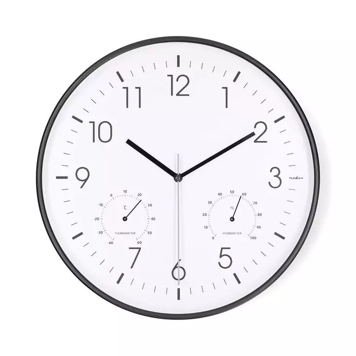 Väggklocka | Diameter: 300 mm | Plast | Tyst rörelse | Termometer (temperatur) | Hygrometer | Svart / Vit - Klockor - 5412810473915 - 1