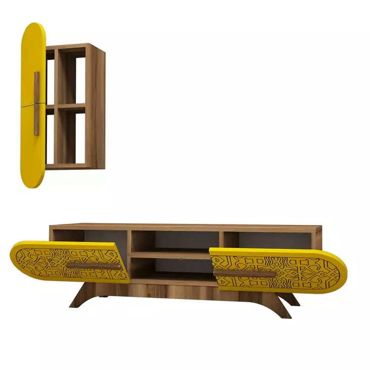 TV-bänk Hanah Home Defne Valnöt Gul Spånskiva 145x37x35 cm - TV-bänkar - 8681875184495 - 1