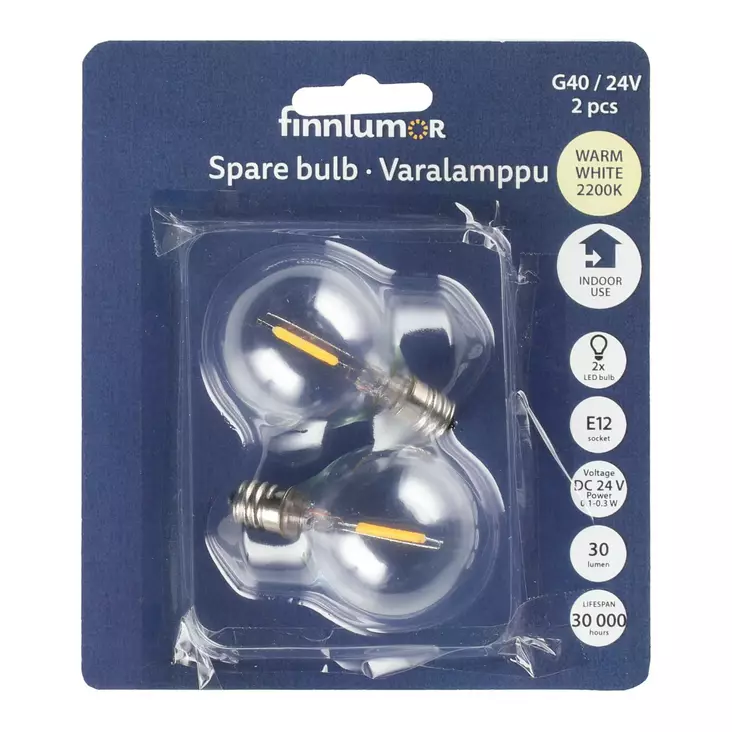 Varalamppu 2 kpl G40 E12 kannalla Finnlumor - LED-varapolttimot 24V valosarjaan (30 lm, 2200 K, 0,3 W) - Ljusslingor - 6410416596075 - 1