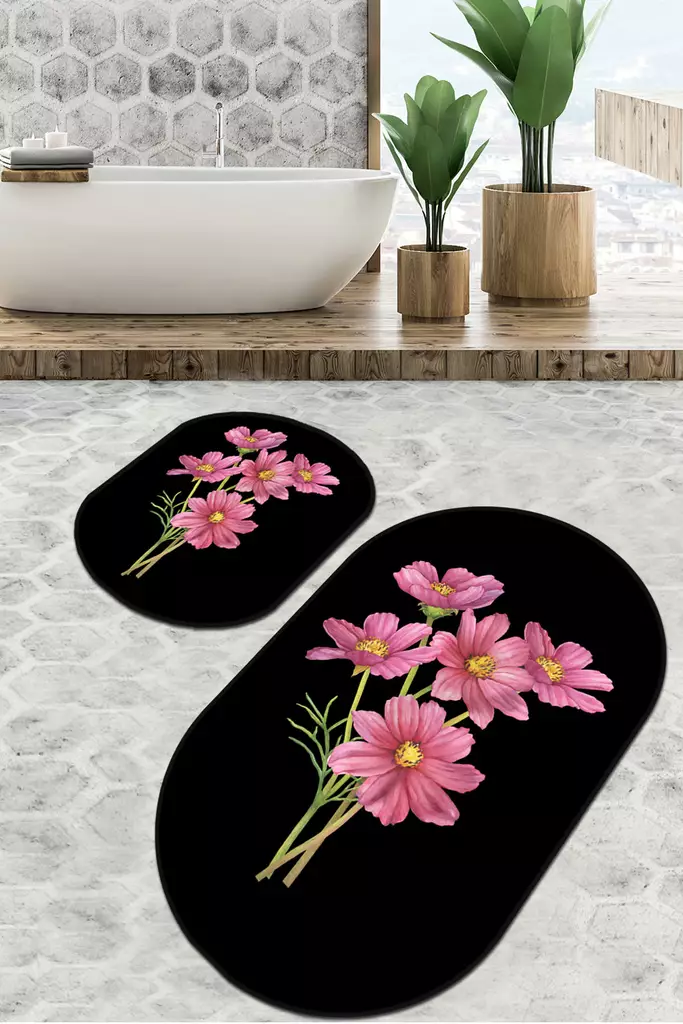 Badrumsmatta Set Mijölnir Svart Antibakteriell Halkfri 100% Polyester 50x60 cm & 60x100 cm - Badrumsmattor och våtrumsmattor - 8683342287005 - 1