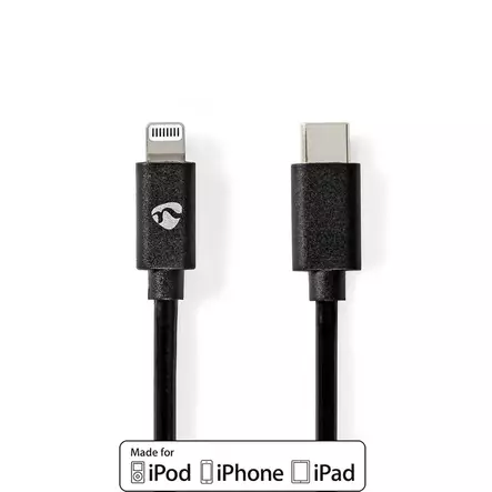 Lightning Kabel | USB 2.0 | Apple Lightning, 8-stifts | USB-C Hane | 480 Mbps | Nickelplaterad | 1.00 m | Rund | PVC | Svart | Label - Nedis produkter - 5412810421046 - 1