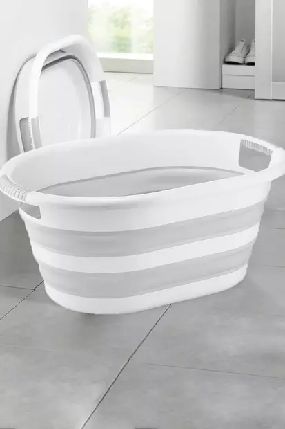 Tvättkorg, grå, 45 x 63 x 30 cm, platsbesparande, hållbar, mångsidig - Torkställningar och tvättkorgar - 8683342484206 - 2