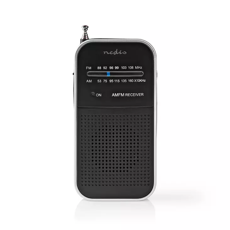 FM-radio | Portabel design | AM / FM | Batteridriven | Analog | 1.5 W | Svart Vit Skärm | Hörlursuttag | IP20 | Aluminium / Svart - Radioapparater - 5412810329526 - 1