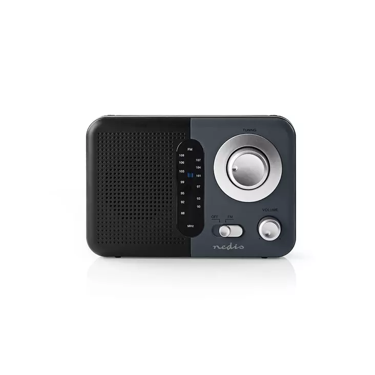 FM-radio | Portabel design | FM | Batteridriven / Strömadapter | Analog | 2.4 W | Svart Vit Skärm | Hörlursuttag | IP20 | Handtag | Grå / Svart - Radioapparater - 5412810272556 - 1