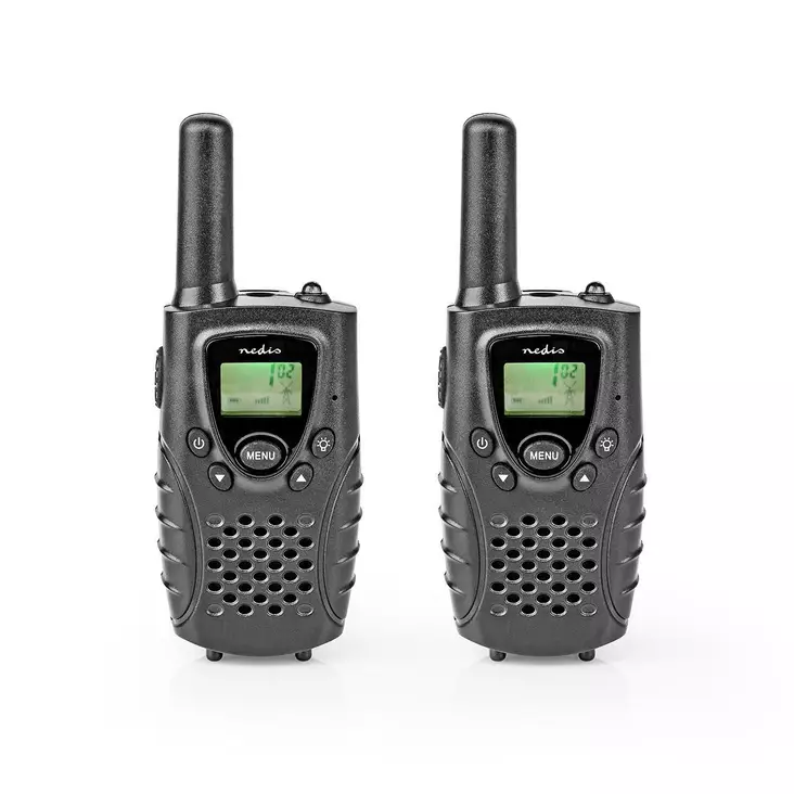 Walkie-talkie Set | 2 handenheter | Upp till 8 km | Frekvens kanaler: 8 | PTT / VOX | Upp till 2,5 timmar | Hörlursuttag | Svart - Walkie-talkies och megafoner - 5412810309726 - 1
