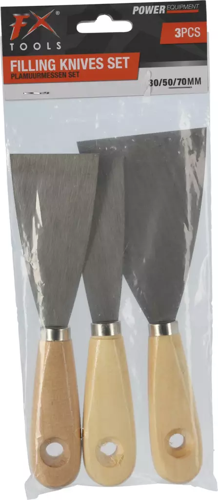 FX Tools Spackelset 3?delar – rostfria blad 30/50/70?mm och ergonomiskt trähandtag - Murning och plattsättning - 8711295889516 - 1