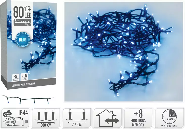 LED Julbelysning 80 Blå För Utomhus- och Inomhusbruk 8 Funktioner Timer IP44 Energieffektiv 6m - Ljusslingor - 8720573811446 - 1