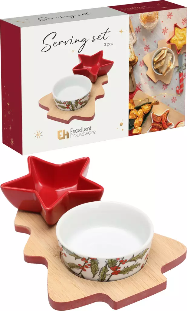 Jultematiskt 3-delat serveringsset med bambubricka – elegant Excellent Houseware presentidé - Juldukning för julen - 8721037099776 - 1