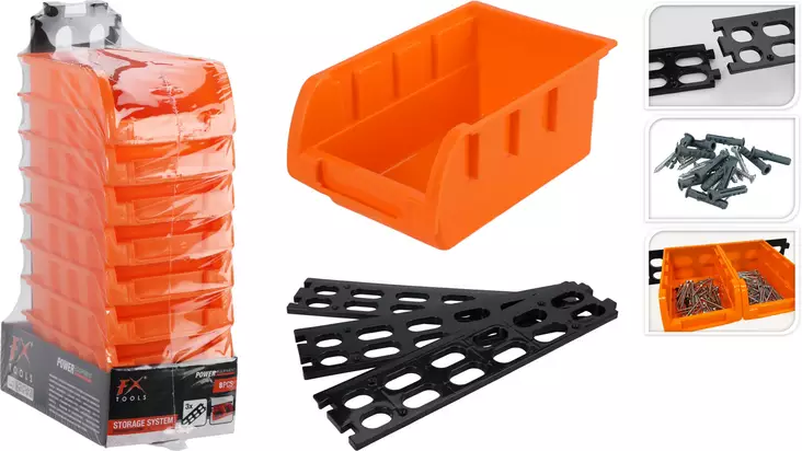 FX Tools Pinhyllsats 8 st – Stapelbara förvaringslådor med väggmontering, orange - Lagerhyllor och -lådor - 8721037123136 - 1