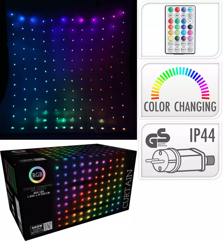 RGB Gardinljus 400 LED 2x2m med fjärrkontroll – stämningsfull dekorationsbelysning för inomhus- och utomhusbruk - Ljusslingor - 8721037231886 - 1