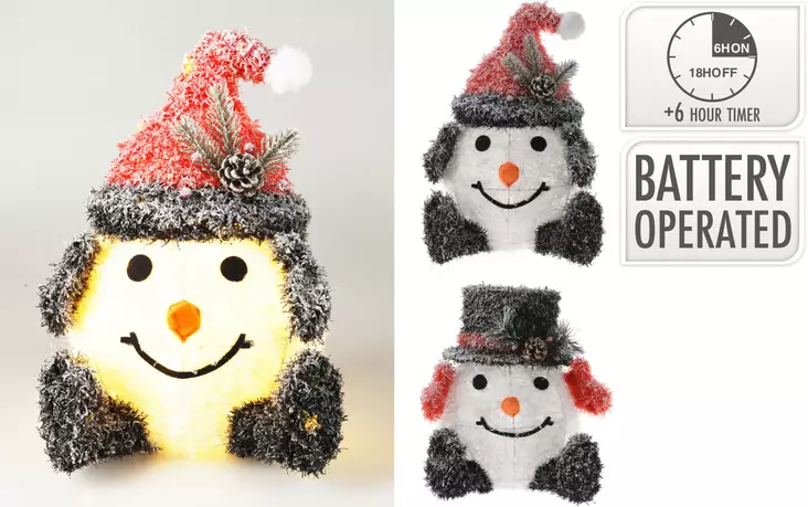 LED-snögubbe dekorationsbelysning 36–42 cm – varmvit ljus, timer, batteridriven juldekoration - Julbelysning - 8721037738606 - 1