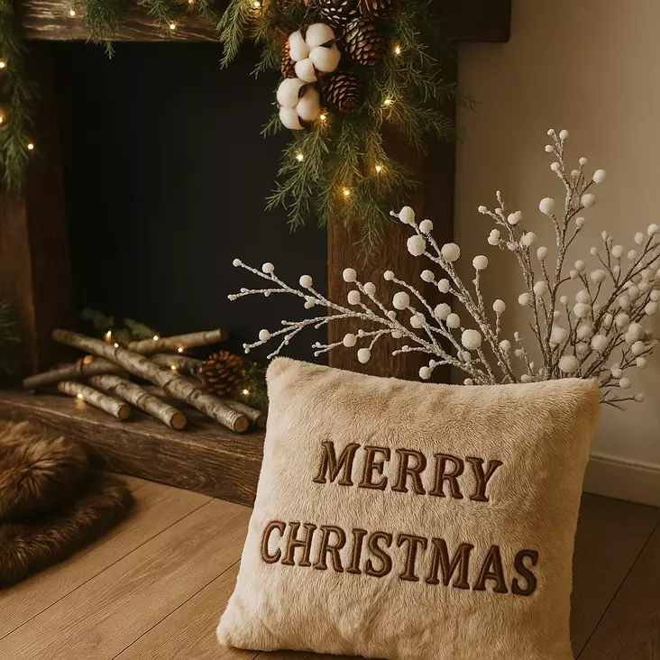 Prydnadskudde Aberto Design Merry Christmas Beige Polyester 43x43 cm - Prydnadskuddar - 8684284032036 - 1