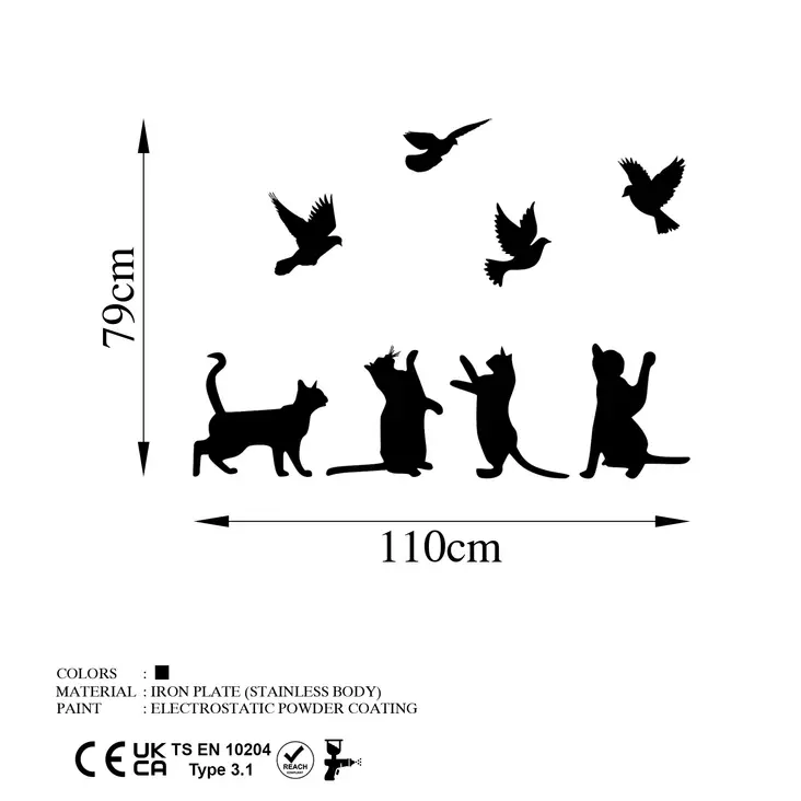 Väggdekor Metall Wallity Birds Playing With Cats Svart Metall 79x110 cm - Dekorationer, prydnadsföremål - 8683743438846 - 1