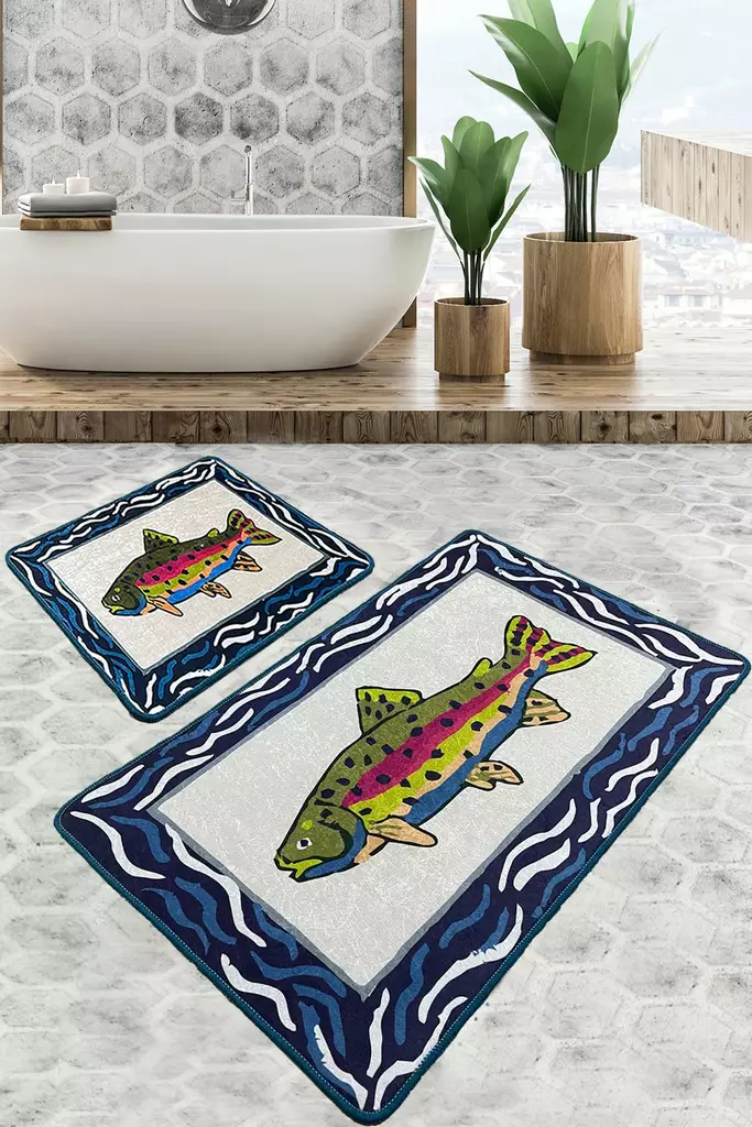 Badrumsmatta Set Mijölnir Flerfärgad 100% Polyester Antibakteriell Halkfri 50x60 cm & 60x100 cm - Badrumsmattor och våtrumsmattor - 8683342497626 - 1