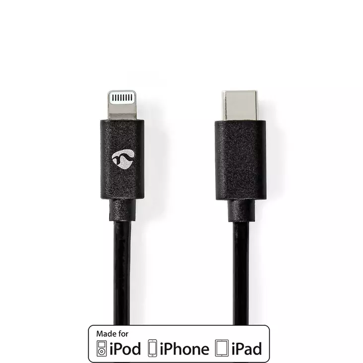 Lightning Kabel | USB 2.0 | Apple Lightning, 8-stifts | USB-C Hane | 480 Mbps | Nickelplaterad | 1.00 m | Rund | PVC | Svart | Label - Nedis produkter - 5412810421046 - 1