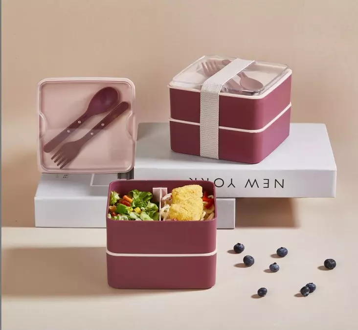 Lunchlådeset (2 delar), rosa, 14 x 14 x 5 cm, tålig, BPA-fri - Matlådor och matförvaringsbehållare - 8684282896456 - 1