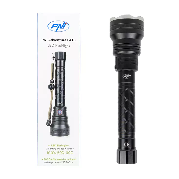 PNI Adventure F410 aluminium ficklampa, med 10W LED, 700 lumen, upp till 250 m, IP44, USB Typ C, 3000mAh batterier ingår - Ficklampor - 5949066538346 - 1
