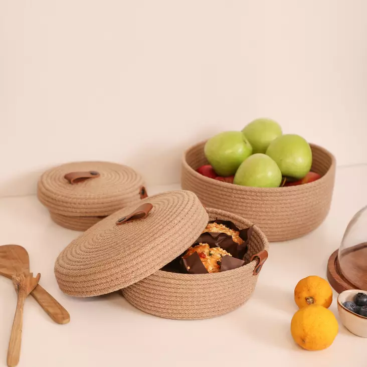 Korgset Aberto Design Cotton Basket Beige Bomull Juterep 15x15x7 20x20x9 25x25x11 cm - Förvaringslådor och korgar - 8683742916956 - 1