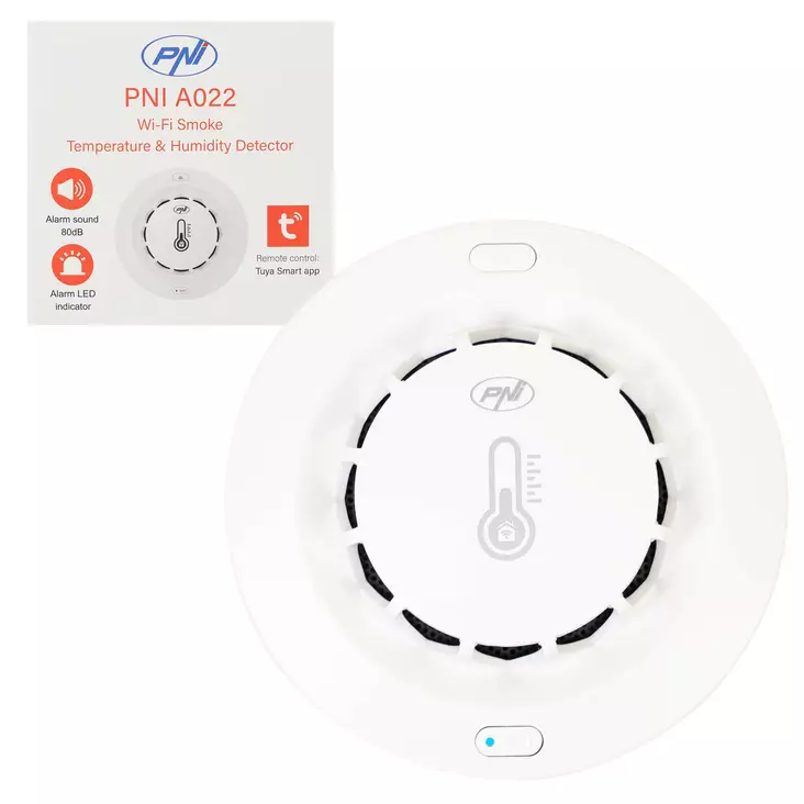 PNI SafeHouse A022 rök-, temperatur- och fuktighetssensor med Wi-Fi, PNI Smart eller Tuya-applikation, kompatibel med Alexa och Google Assistant, 80dB, fristående, vit - PNI produkter - 5949066539046 - 1