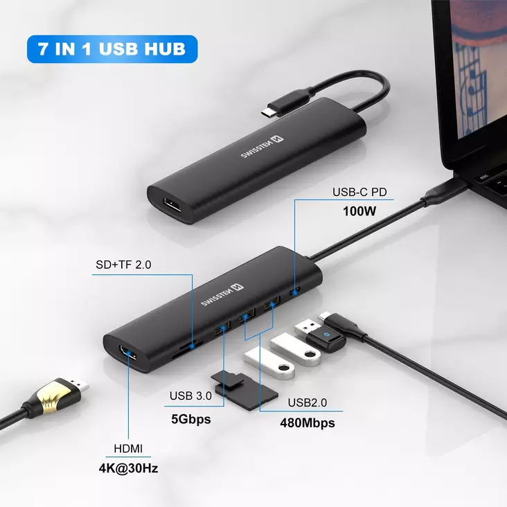 USB-C Hub 7-in-1 100W Swissten - USB-adaptrar och dockning - 8595217487376 - 1