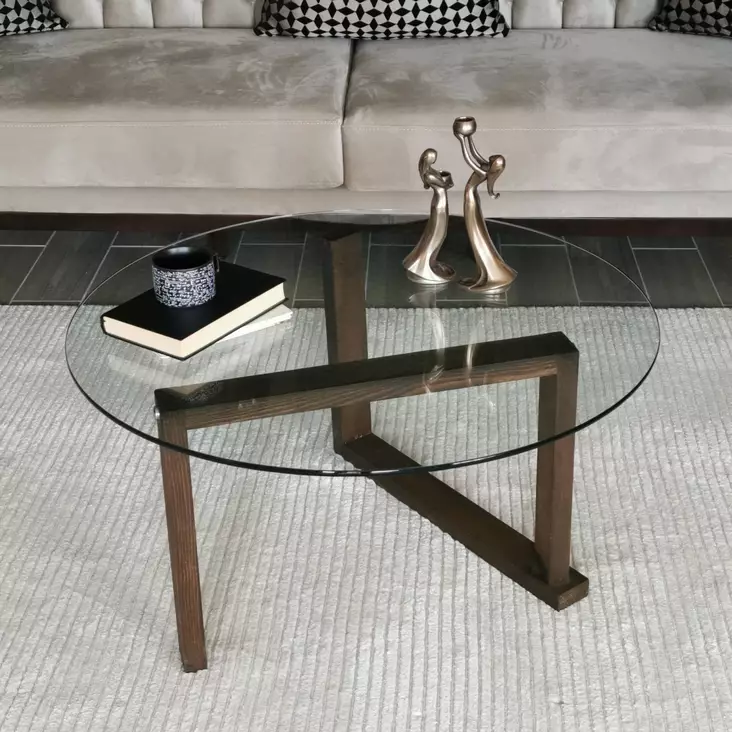 Soffbord Hanah Home Yuvarlak Cam Orta Sehpa S300 Valnöt Massivt Trä Härdat Glas 80x41x80 cm - Soffor - 8682870558526 - 1