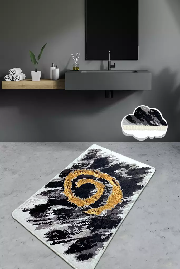 Badrumsmatta Mijölnir Svart Vit Guld 100% Polyester Antibakteriell Halkfri Maskintvättbar 70x120 cm - Badrumsmattor och våtrumsmattor - 8682870915046 - 1