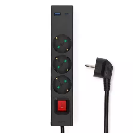 Gren kontakt | Jordad kontakt / Typ F (CEE 7/7) | 3-vägs | 1.50 m | 3680 W | 16 A | USB-anslutning | På / av-knapp | Svart - Förlängningskablar - 5412810481637 - 45