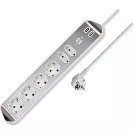 Estilo 6-vägs hörnuttagslist med högkvalitativ rostfri yta för kök och kontor (skrivbordsuttag med 4x skyddskontaktuttag, 2x Euro-uttag, inkl. USB-laddningsfunktion) silver/vit TYPE F - Förlängningskablar - 4007123672837 - 1